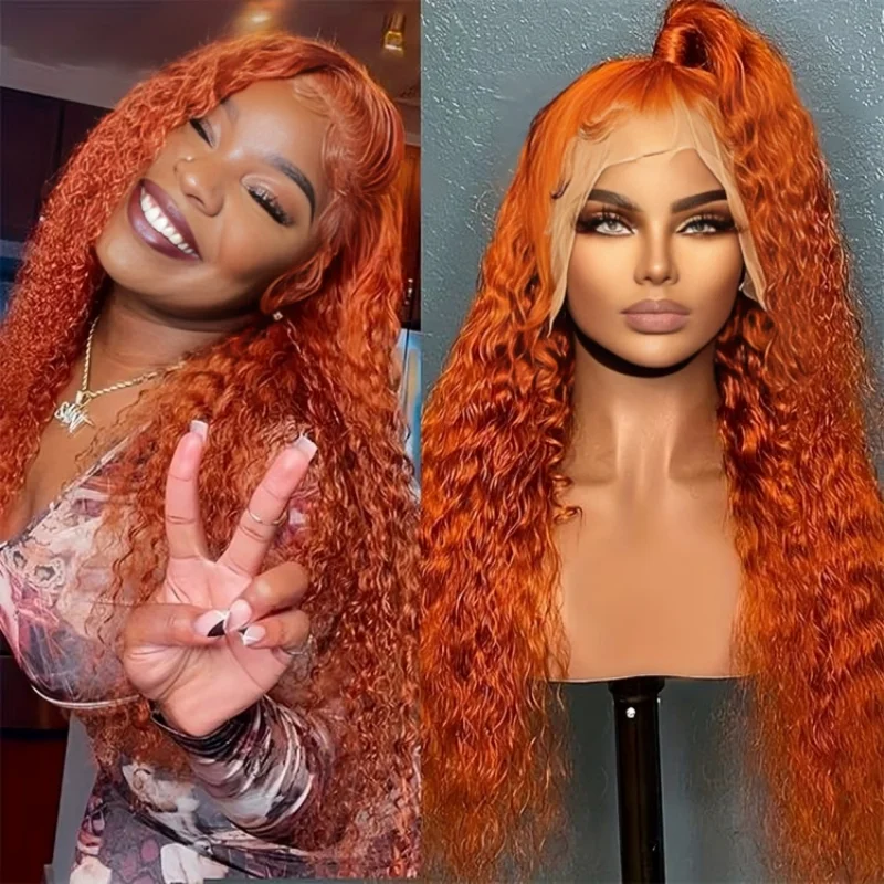 Ginger Water Wave Human Hair Colored Curly Orange 30 Inch 13x6 Hd Transparent Lace Frontal Wigs Choice For Women 100% Brazilian