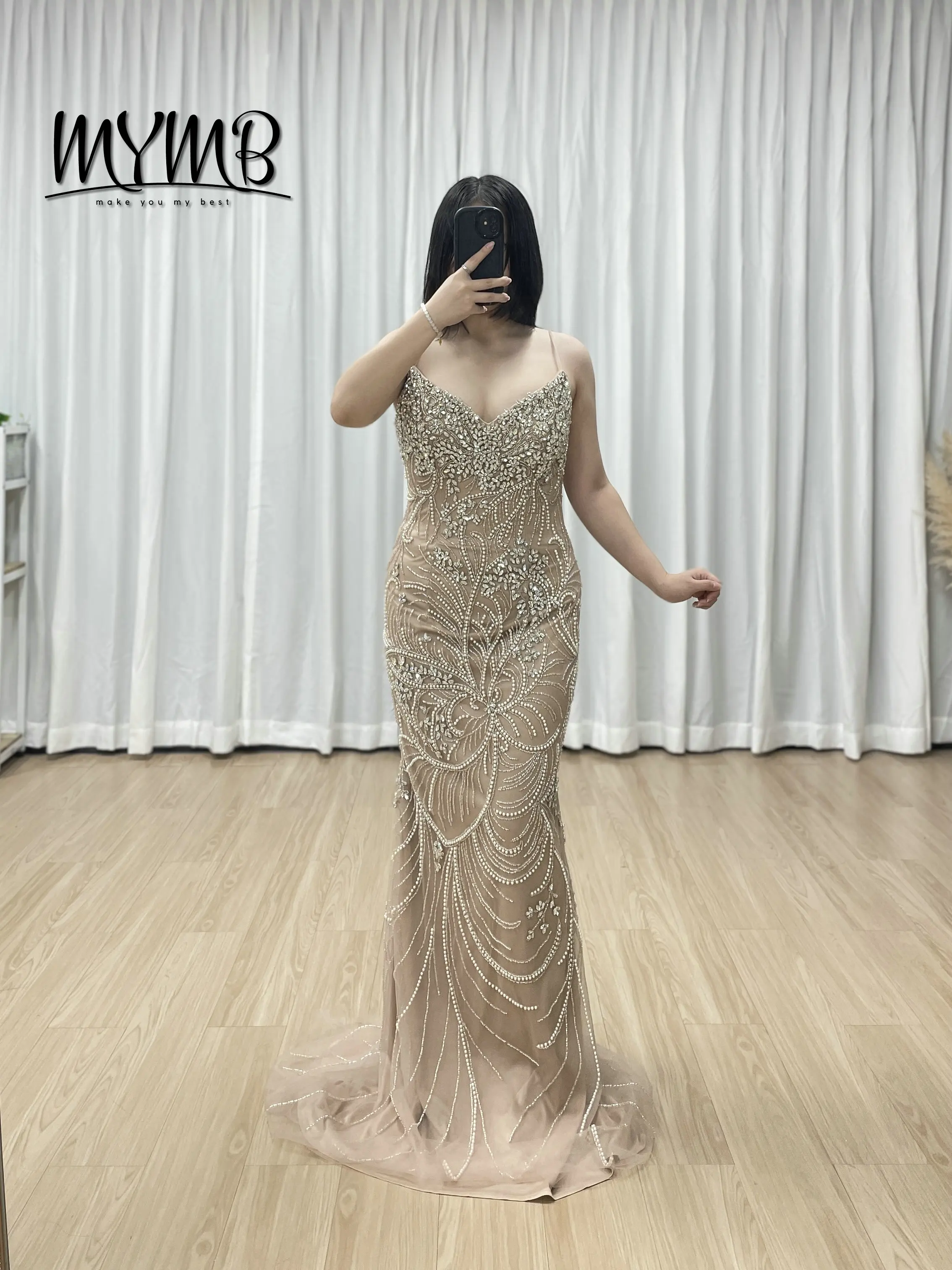 

MYMB Nude Luxury Beaded Pearls Sheath Mermaid Evening Dresses Formal Party Gown for Women Wedding Dresses for Bridesmaid MC20108