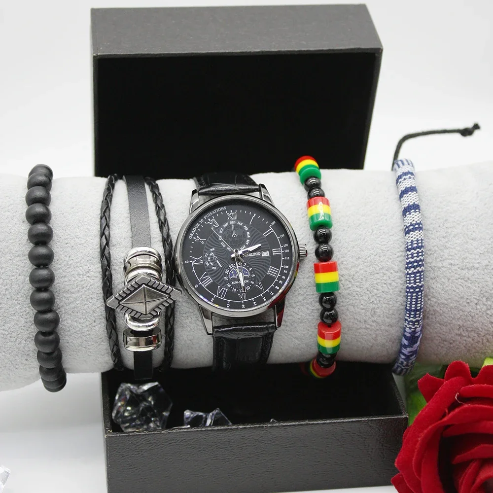 스테인레스 스틸 방수 시계 세트, 레트로 패션 팔찌, 운동용 상자 포함, 5 개