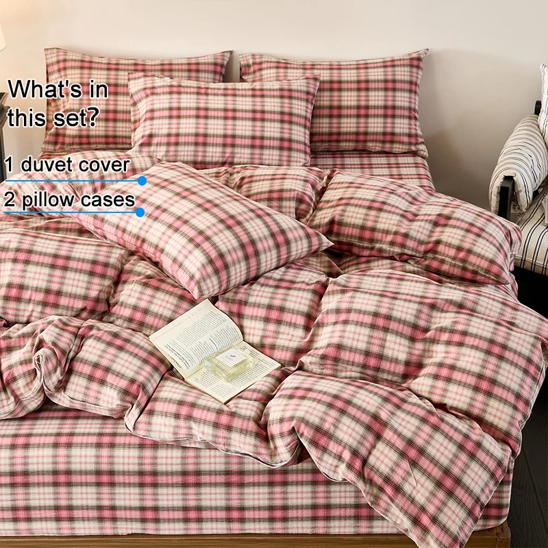 100% Washed Cotton Duvet Cover Set, Plaid Yarn-Dyed Bedding Set 1 Duvet Cover + 2 Pillowcases, Soft Breathable for All Seasons