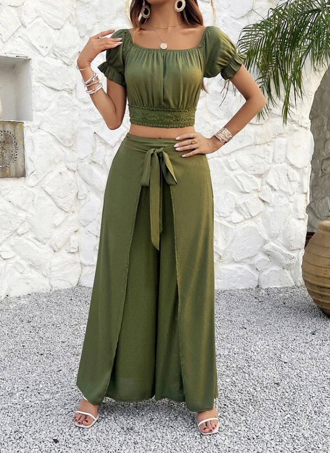 Women's Two-piece Casual 2024 Summer Solid Color Short Sleeve Crop Top and Tie Detail High Waist Overlapping Wide Leg Pants Set