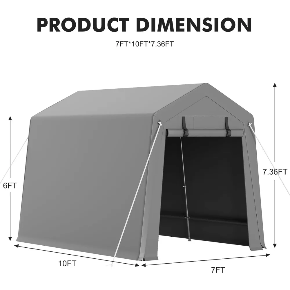 سقيفة تخزين محمولة مقاس 7 × 10 أقدام مع قماش القنب المقاوم للماء شديد التحمل وبابين بسحاب قابل للطي، خيمة مثالية للدراجات النارية، B