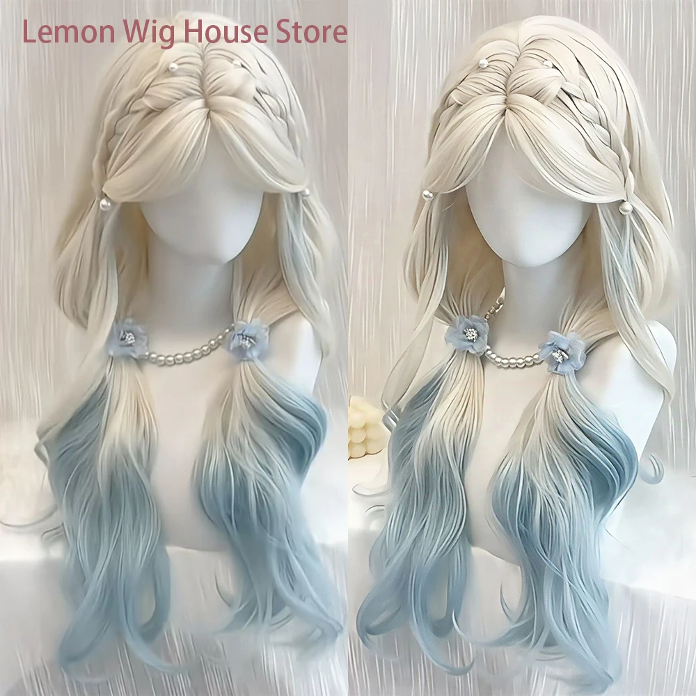 Long Wavy Platinum Gradient Blue Wig with Bangs Synthetic Wigs for Women Daily Cosplay Wig Halloween Costume Wig Lolita 가발