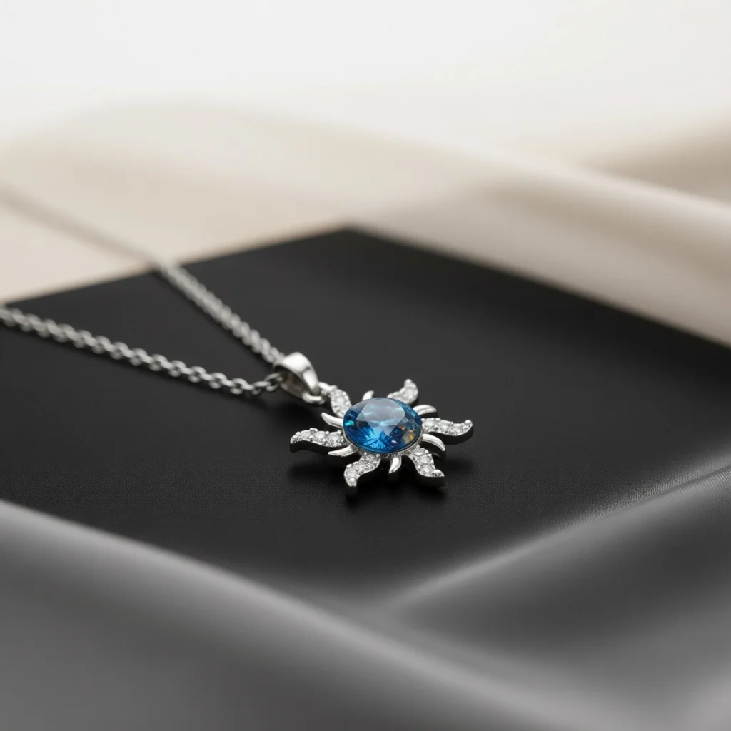 Vibrant Silver Copper Necklace, Sunburst Pendant, Galaxy Stone, Zircon Ray Details, Cable Chain, Jewelry for Daily Wear