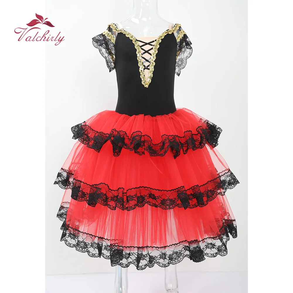 

Профессиональные испанские балетные костюмы для выступлений: красные длинные романтические платья-туту для женщин