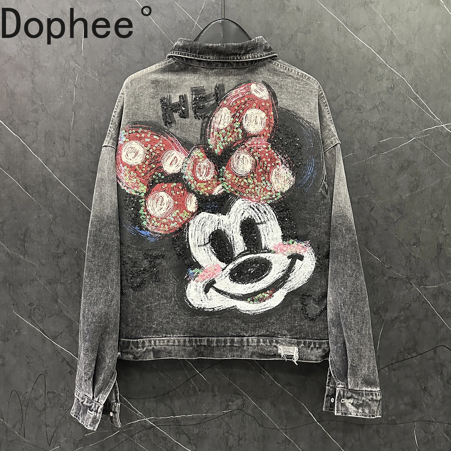 

2025 New Autumn Fashion Sequins Cartoon Long Sleeve Denim Jacket All-match Hole Single-breasted Loose Cardigans Top Jeans Coats