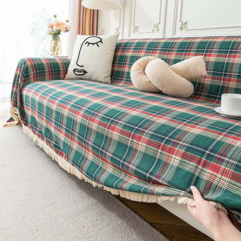 

Christmas Couch Cover Green Plaid Sofa Covers with Tassel Farmhouse Couch Protector for Christmas Decorations Sofa Throw Cover
