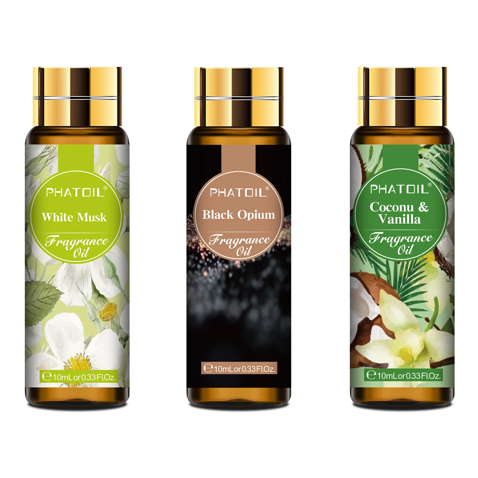 

PHATOIL 3PCS 10ml Fragrance Oil Set For Diffuser Aromatherapy Coconut & Vanilla White Musk Black Opiumm Bubble Gum Aroma Oils