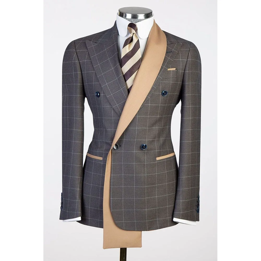 

Grid Men Suit High Quality Peak Lapel Formal Occasion Celebrity 2 Pieces Jacket Pant Double Breasted Male Clothing Luxury