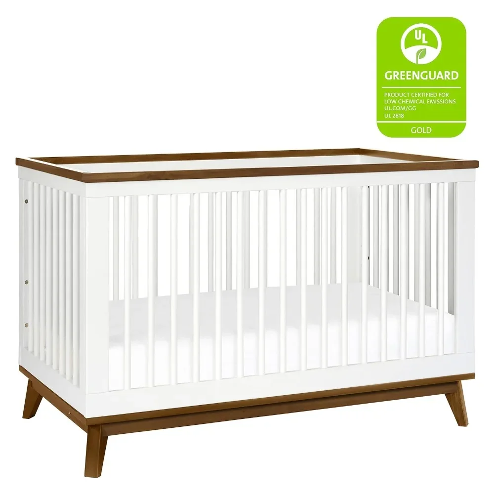 3-in-1 Convertible Crib with Toddler Bed Conversion Kit in White and Natural Walnut, Greenguard Gold Certified