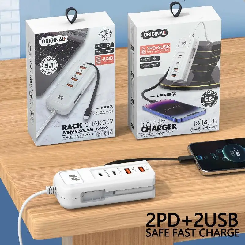Anti Static 66W Fast Charging Power Socket 2 PD 2 USB Ports For Home Office Travel Charging Multiple Devices And Gadgets