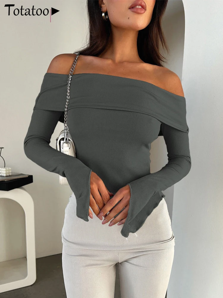 Women's Sexy Off Shoulder Rib Knit Thin T-Shirt Long Sleeve Irregular Skinny Tee Tops Office Lady Basic Cloth Spring Casual 2024