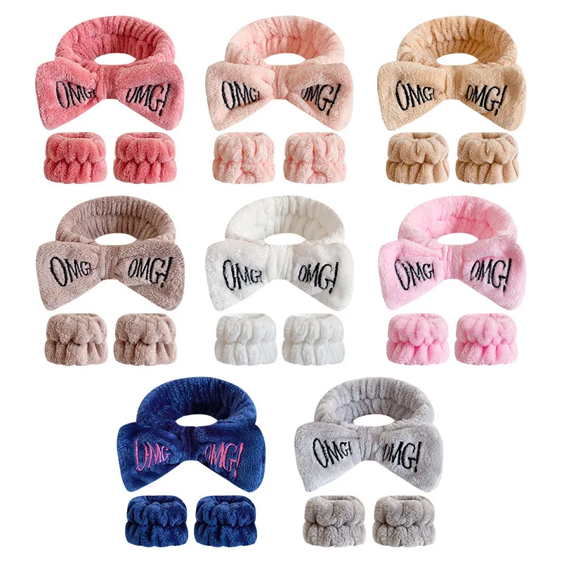 

1pc OMG Hairband and 2pc Wrists Fashion Women Headband Bunny Ears Elastic Hair Accessories Girls Washing Face Big Bezel Headwrap