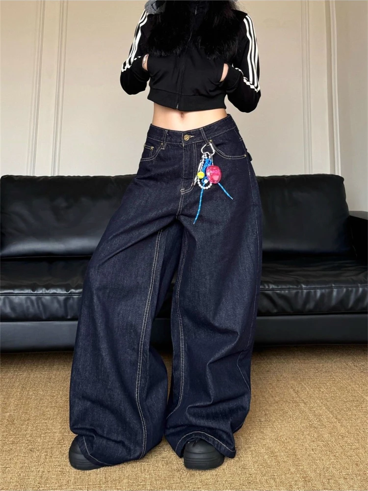

Women's Vintage Deep Blue Loose Wide Leg Jeans Street Cool Girl High Waist Baggy Pants Female Casual Straight Denim Trousers