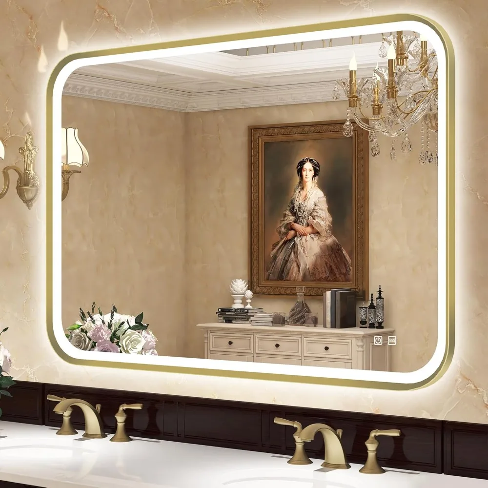 

S'bagno 40X28 Gold LED Mirror for Bathroom with Frontlit & Backlit, LED Bathroom Mirror with Metal Frame, Anti-Fog