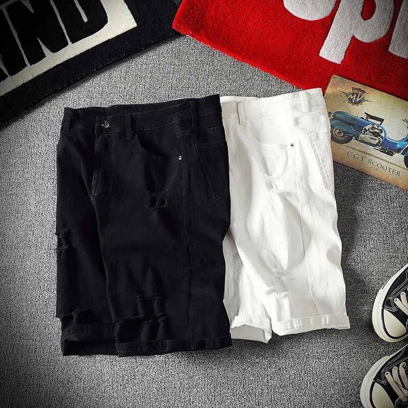 Men White Denim Shorts Summer Holes Casual Shorts Stretch Jeans Men Cotton Solid Slim Fit Shorts Pants Elastic Knee Length Pants