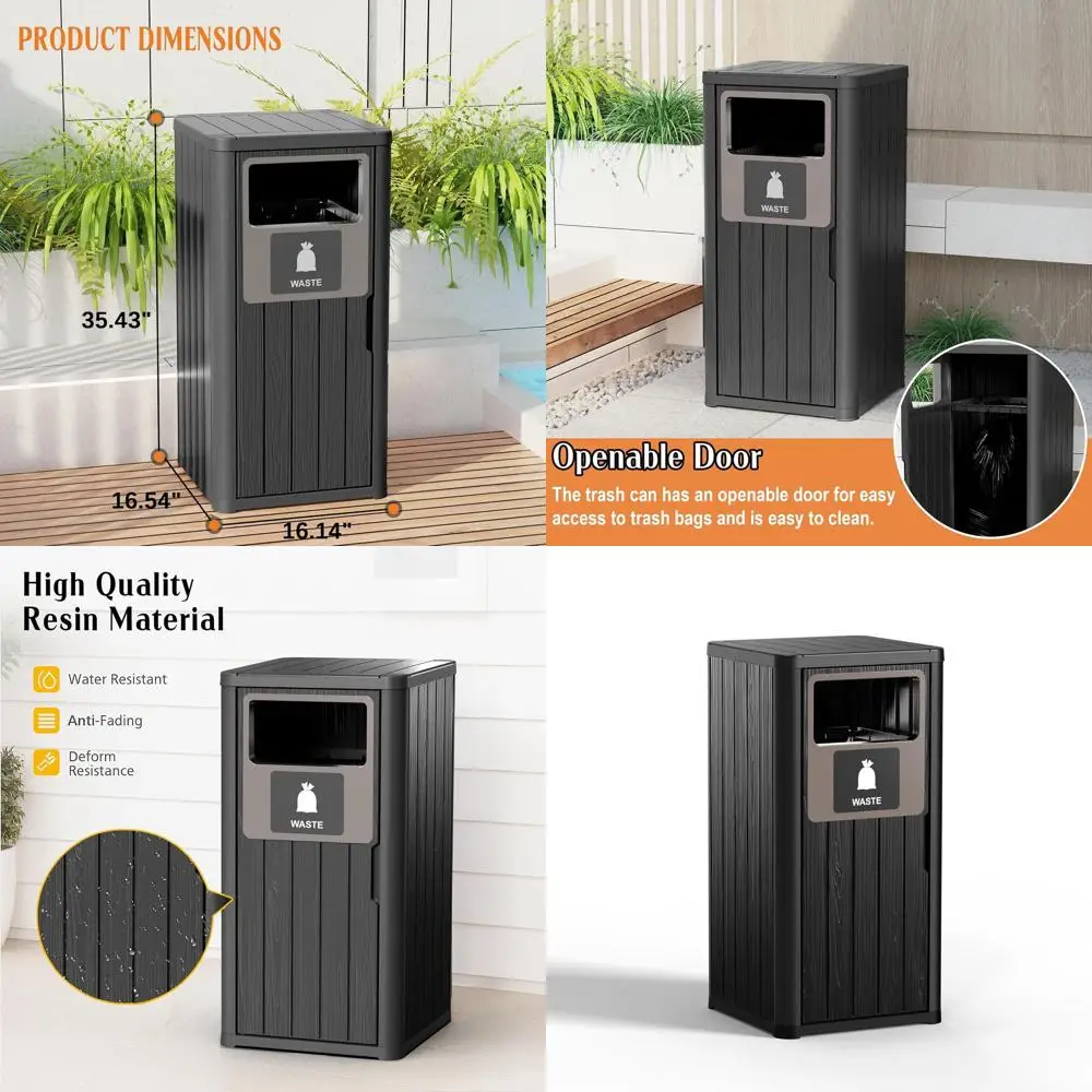 

Weatherproof Single Barrel Outdoor Trash Can with Labels, 30-39 Gallon Capacity for Porch, Backyard, Kitchen