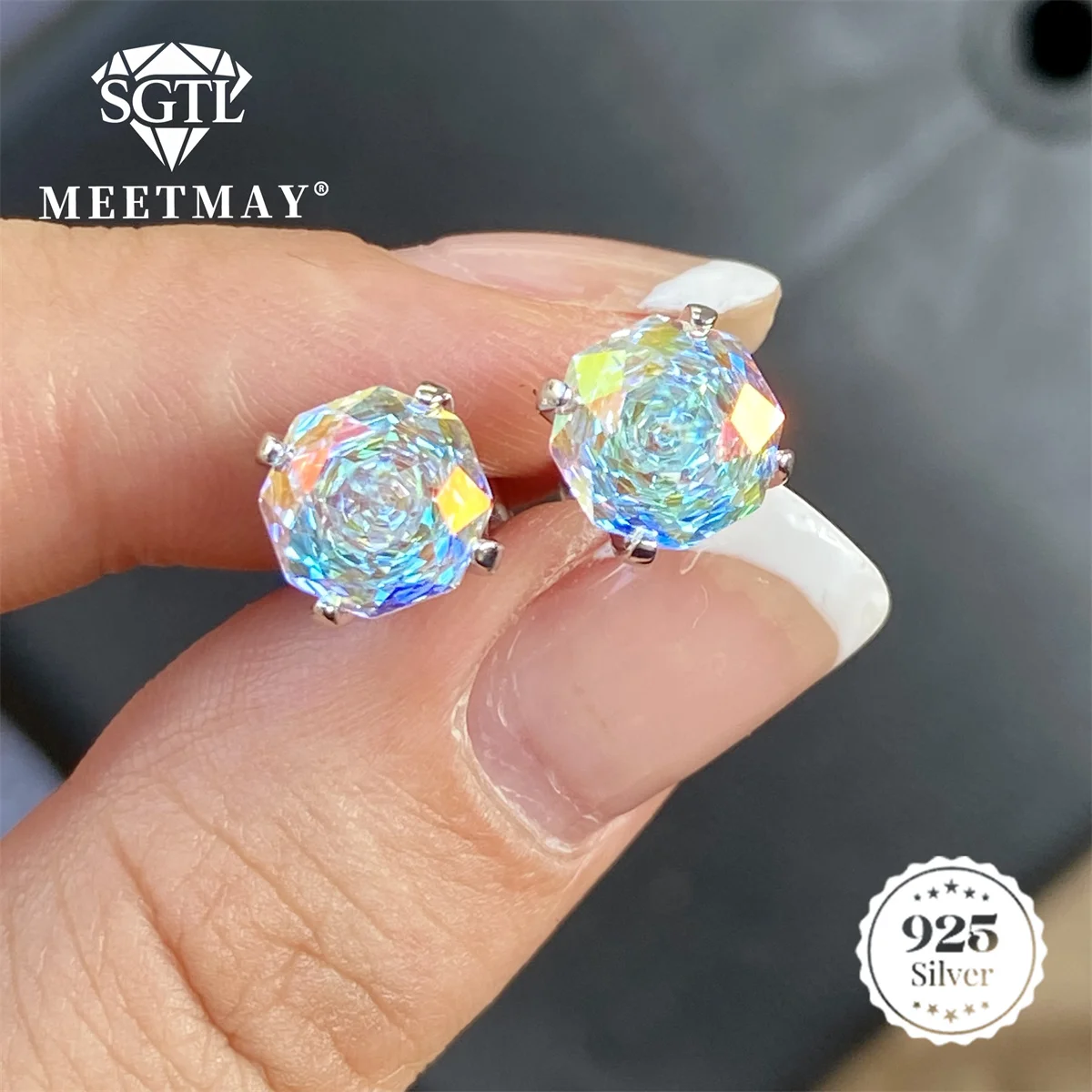 Bocarman Rose Cut Ohrstecker aus S925 Silber mit Paraiba Farbverlauf Zirkonia, Hypoallergener Glamouröser Schmuck für Sie – Detail 15