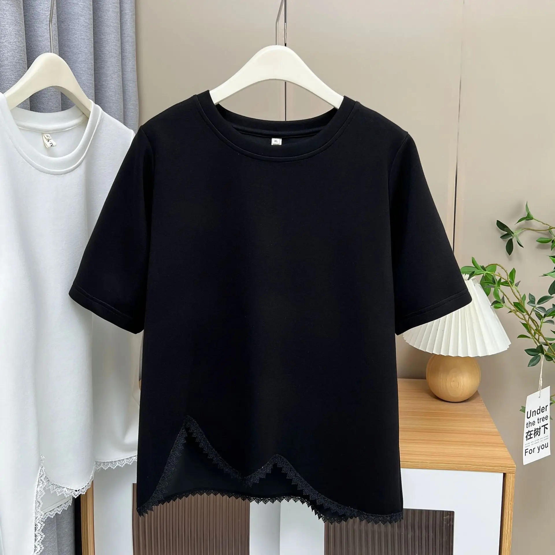 

100kg Summer Plus Size Top New Fashion Irregular Lace Hem Short Sleeve Women T-shirt 110