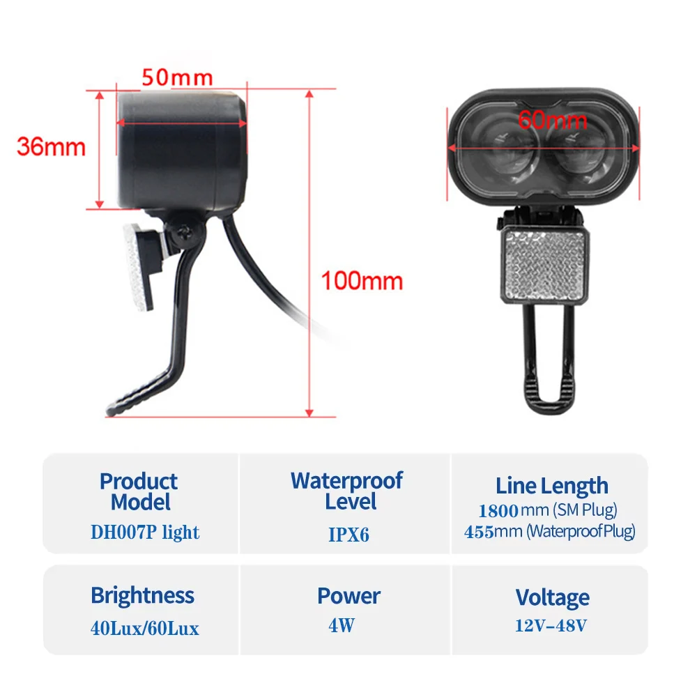 

Ebike Front Light Bicycle Lithium Battery Headlight 12-48V 2Pin Front Lamp MTB Road Bike Cycling Accessories Waterproof/SM Plug