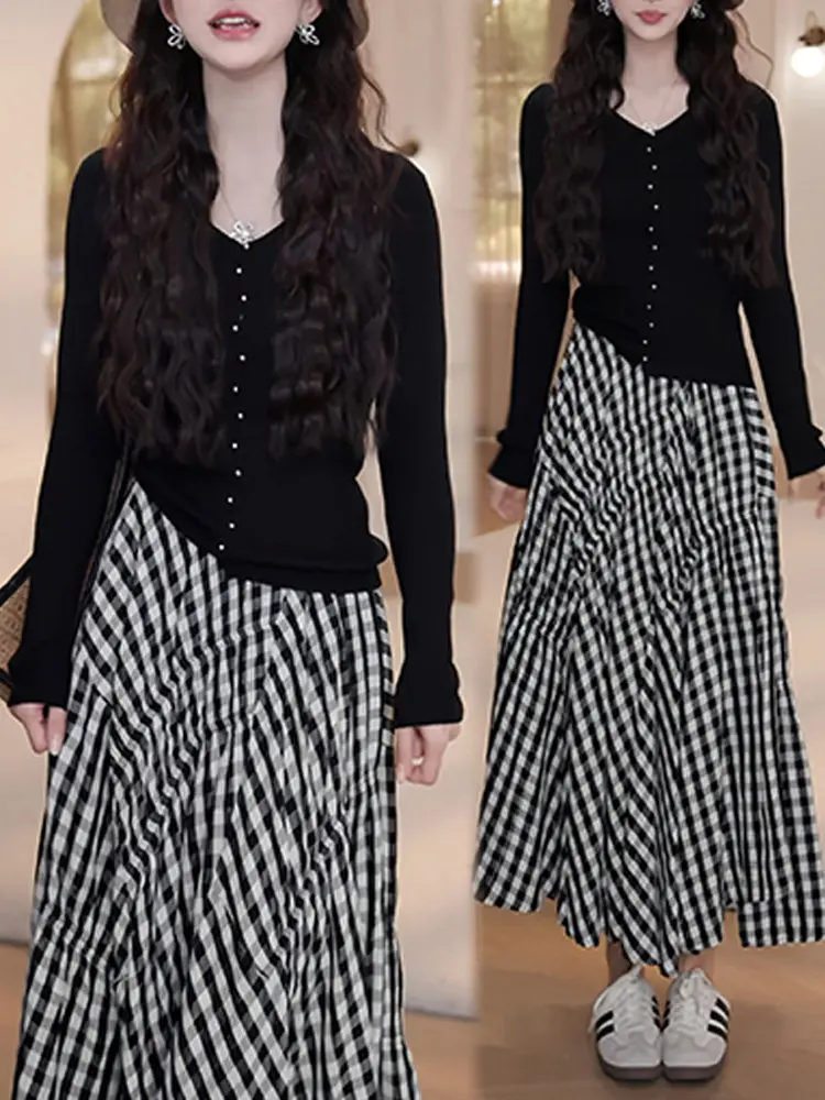 

Early Spring 2026 Women's Knitted V-Ne Long Sve Top And Plaid Skirt Two-Piece Set Casual Loose Fit Faion Ensemble