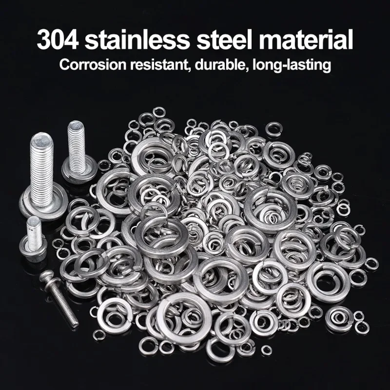 Stainless Steel Spring Lock Washers Metal O Rings Flat Gaskets Set Fasteners Hardware Assortment Kits M2 M2.5 M3 M4 M5 M6 M8 M10