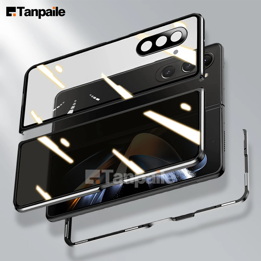 Tanpaile For Samsung Z Fold 5 4 3 3 Double Sided Tempered Glass Case Shockproof Aluminum Metal Frame with Lens Phone Cover