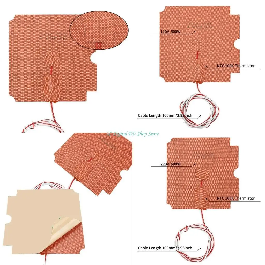 E74D 500W Silicone Rubber Heater Mat Pad 110V 220V with NTC 100K Thermistor Strong Adhesive for 3D Printer Parts
