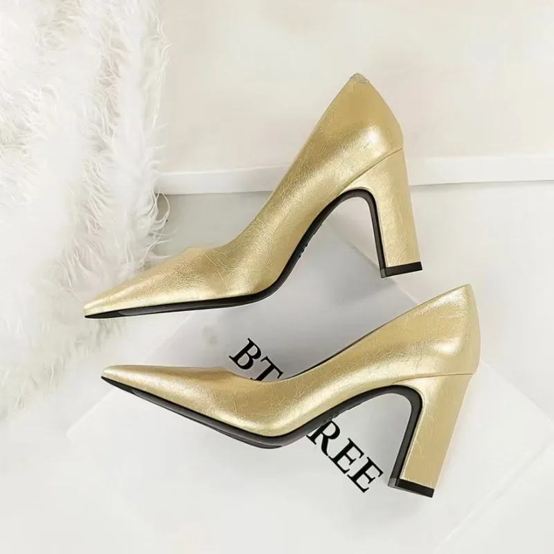 

European and American Style Thick Heeled Women's Shoes, Versatile High Heels for Daily Use, Office Pointed Sexy Single Shoes