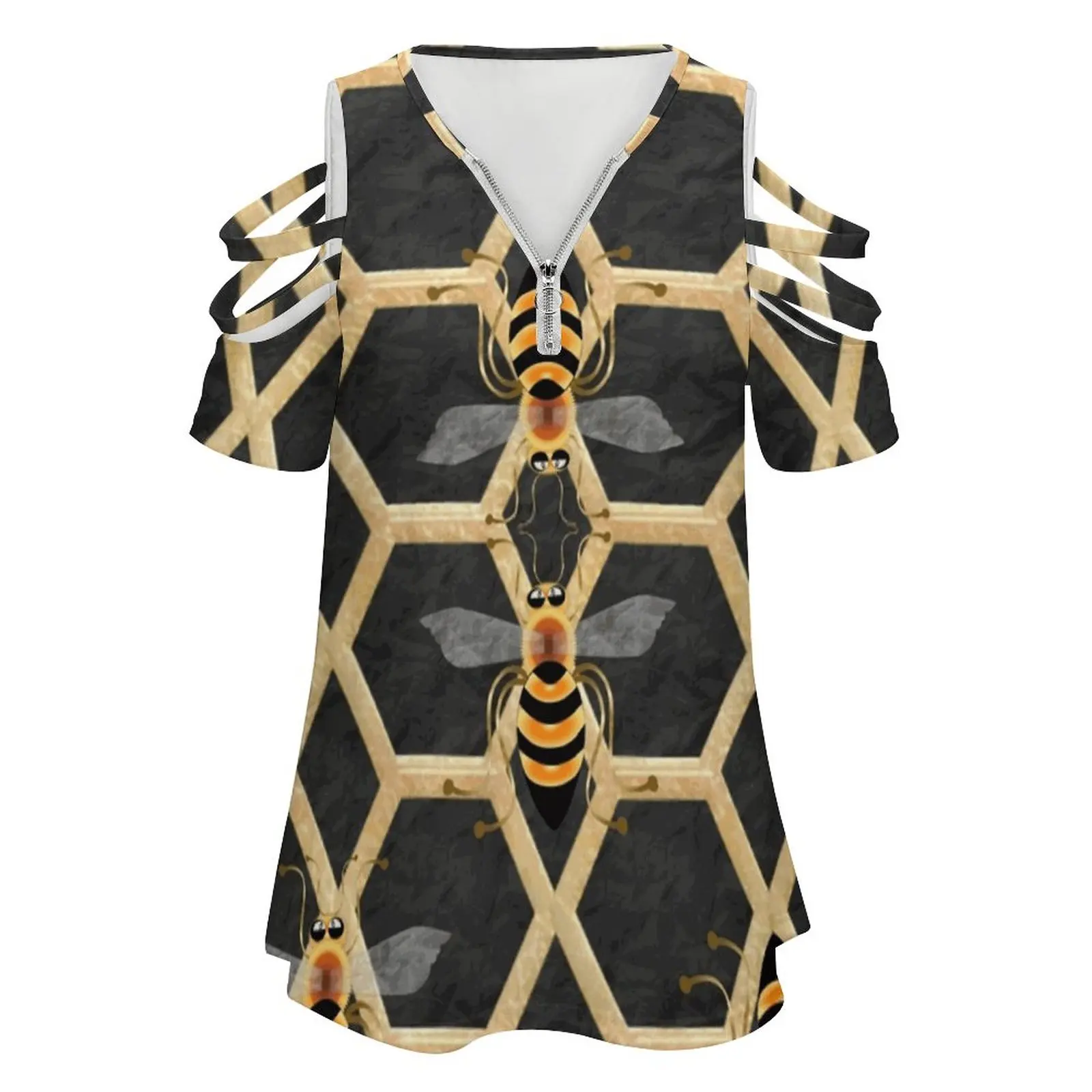 Bee 141 On Black. Women Zipper Sexy Printed Vintage T Shirts Tops Full Print T-Shirt Bees Honey Honeycomb Golden Patterns