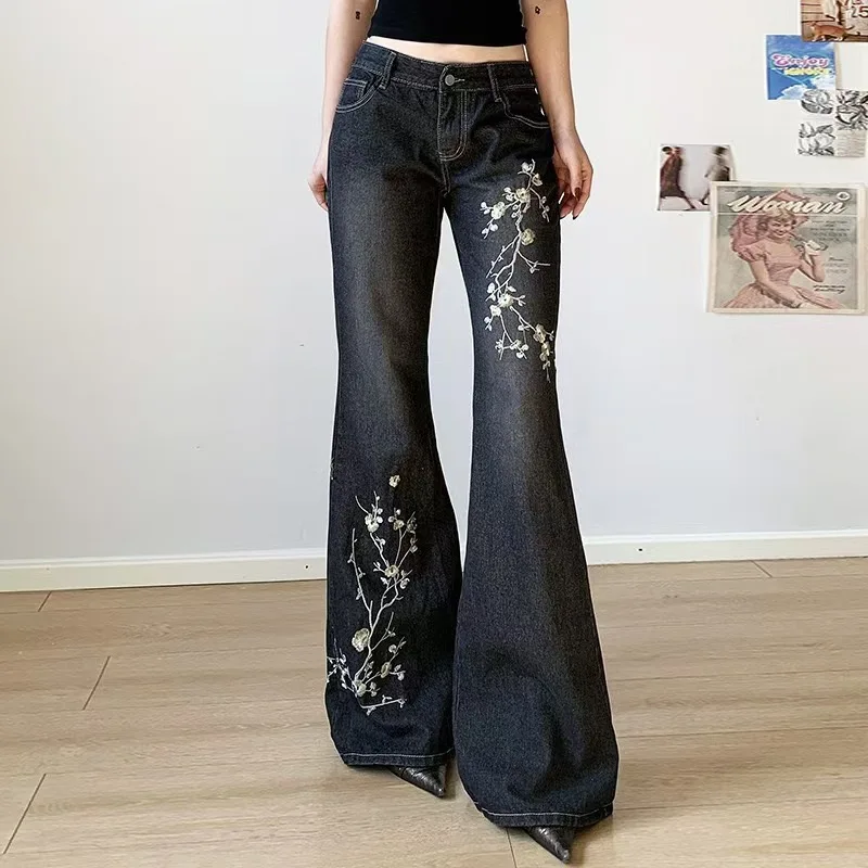 

Loose Wide Leg Distred Denim Jeans High Waist Tassel Trimmed Embroidered Floor Length Patchwork Gothic Sle Men Women