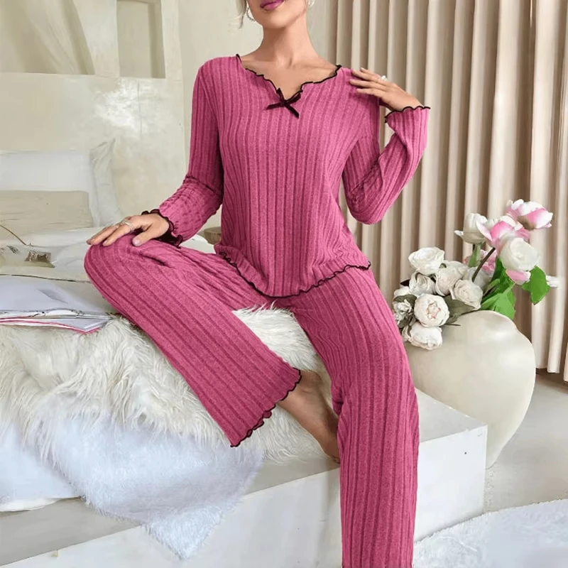 

Women Autumn Winter New Sleepwear Y2K Ribbed Pajamas Set Long Sleeve Top and Long Pants 2 Piece Set Casual Homewear Loungewear