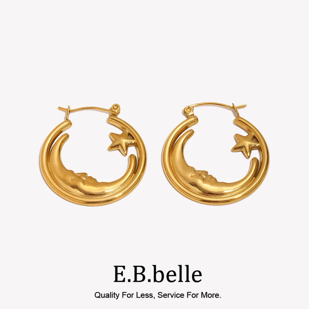 E.B.belle Anti-Tarnish Moon Star Hoop Earrings 18K Gold Plated Stainless Steel Hoop Earring Celestial Jewelry Accessories Gift