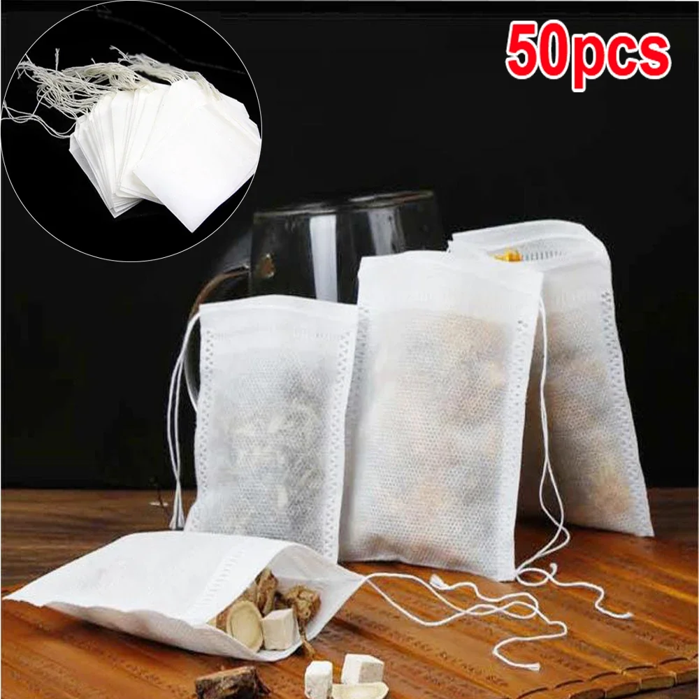 50PCS Disposable Teabags Empty Scented Tea Bags Non-woven Fabric Tea Filter Bags With String Heal Seal Tea Bags Kitchen Supplies