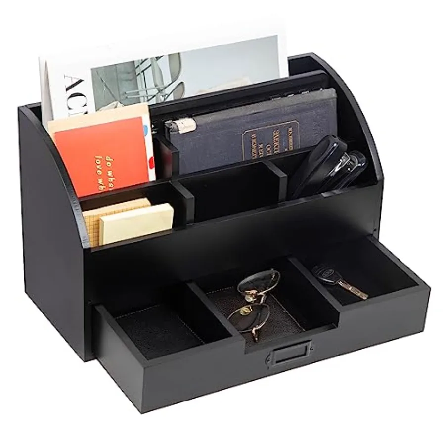 

Distressed Rustic Wooden Office Desk Organizer 5 Compartment with 2 Drawer andCounter Desk Tabletop Desktop Mail Rack Pens Note