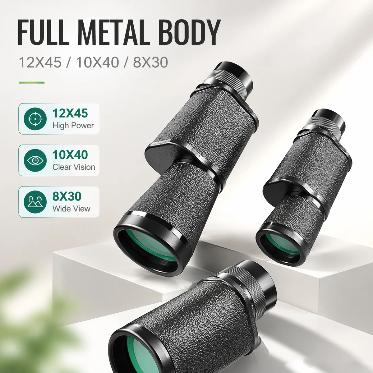 Potente Telescopio Baigish 12x45 10x40 8x30 Monocular, Binoculares Metálicos con Prisma Bak4 y Película Óptica FMC para Caza y Camping al Aire Libre