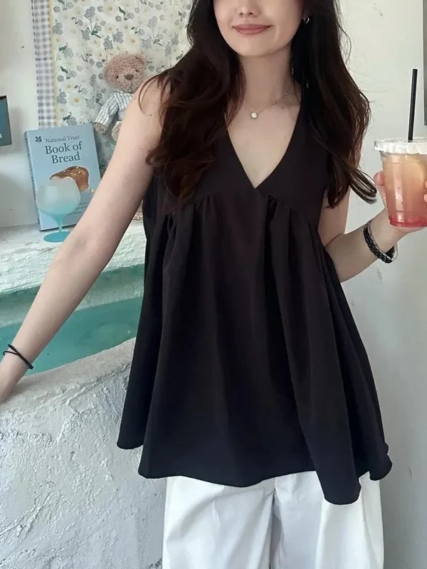 plus Size Loose V-Ne Pleated Design Sensation Tank Top 300 Pou Sweet And Spicy Sle  Color Outdoor Svel Ba...
