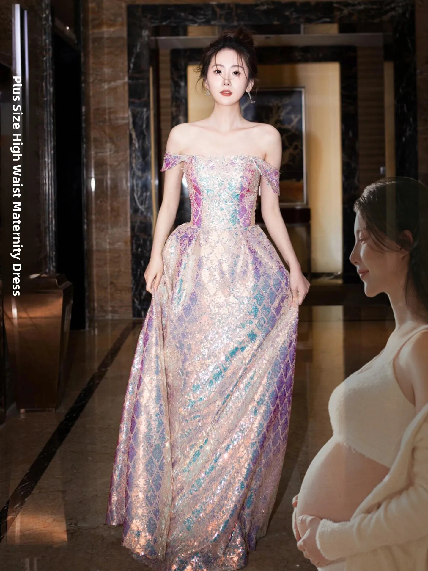 

iny Sequin One-oulder Evening Gown for Adults Wedding Reception Banquet Dinner Par High Waist Ele Long Dr