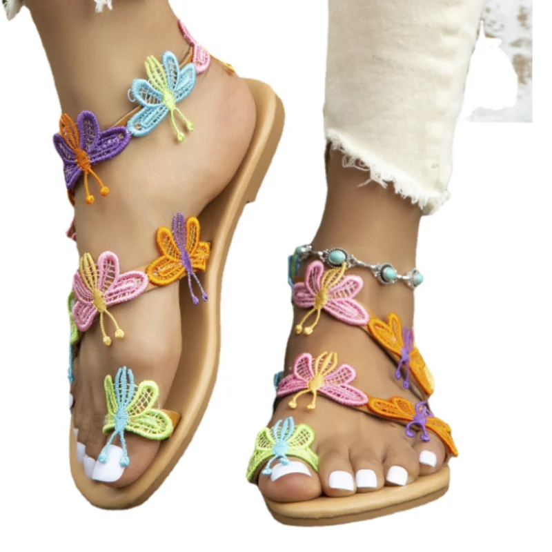 2023 Summer New Flat Sandals Colorful Butterfly Decorated Beach Sandals Outdoor Women\'s Shoes Shoes for Women