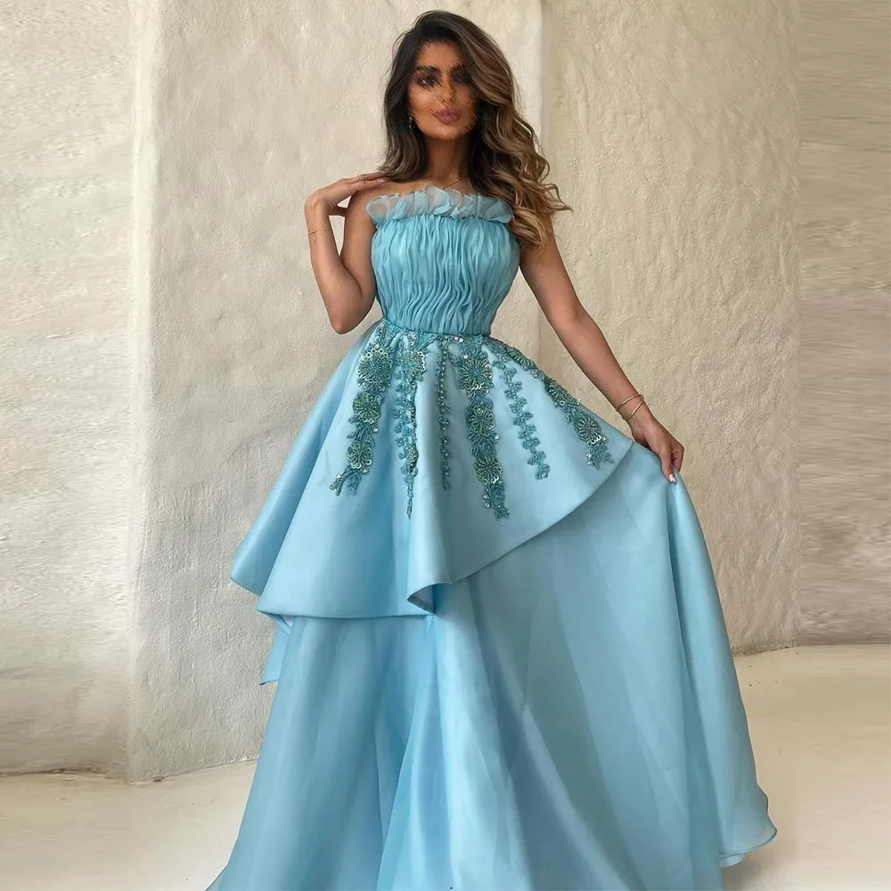 

Sevintage Saudi Arabic Long Evening Dresses Beading Crystal 3D Flowers A-Line Pleat Ruched Prom Dress Dubai Wedding Party Gown