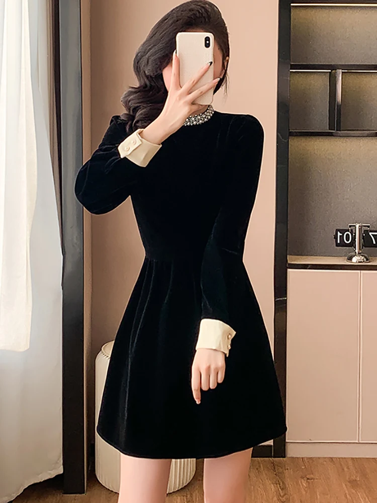 女性韓国ヴィンテージヘップバーン風プロムドレス秋冬ブラックベルベットダイヤモンドスタンドカラードレス2025エレガントボディコンパーティードレス