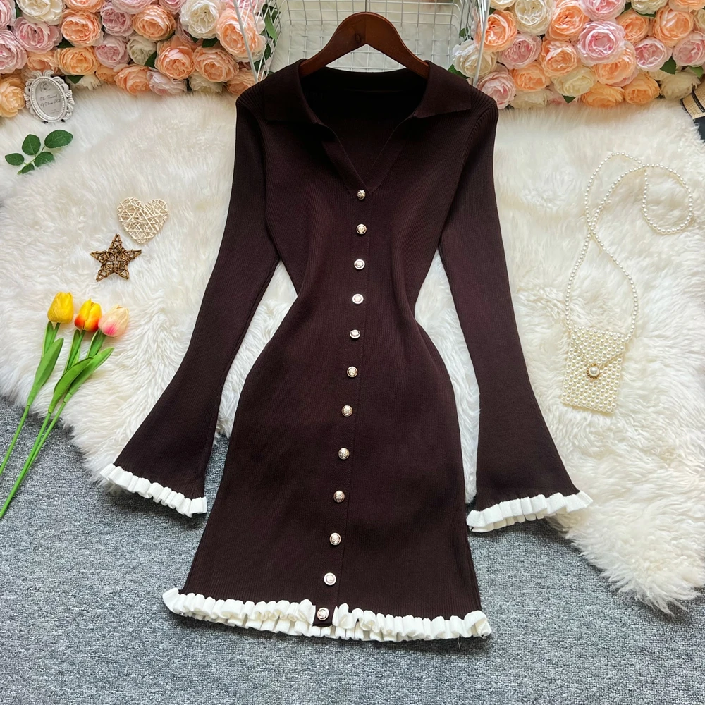 Yuoomuoo chique moda 2025 outono inverno feminino malha mini vestido estilo francês harajuku preto babados vestido de festa senhora outfits