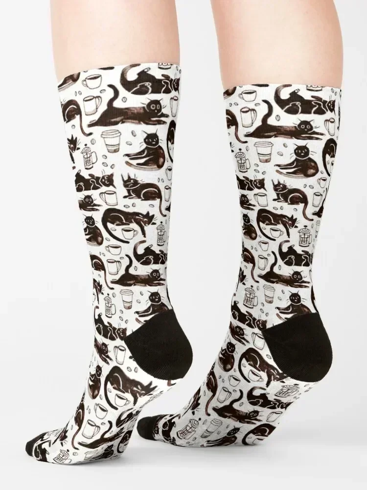 Gouache Black Cats & Coffee Socks hockey fashionable loose designer Ladies Socks Men's