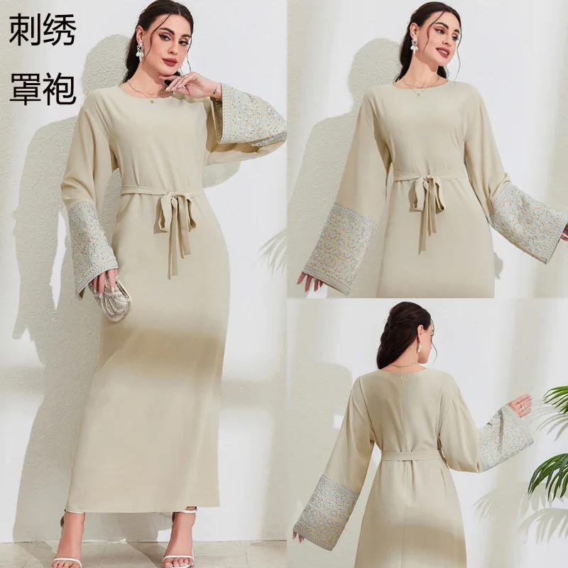 2025 Middle East Muslim New Fashion Women's Solid Color Elegant Casual Trendy Long Sleeve Sashes Ankle Length Dresses Female