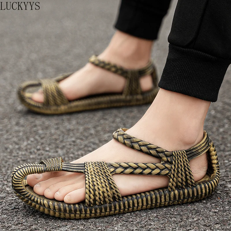 

Мужские легкие дышащие римские тканые сандалии в стиле ретро, противоскользящие пляжные сандалии большого размера, уличная пляжная обувь, большие размеры 47