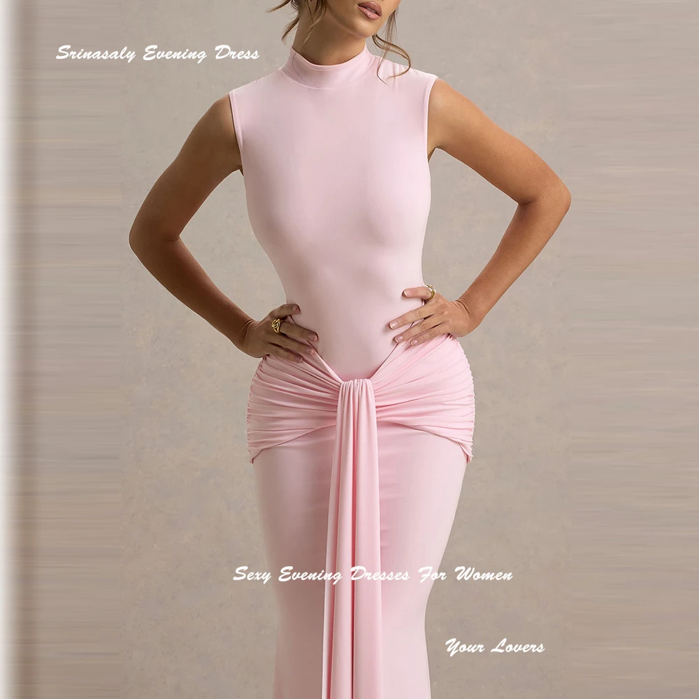 كريب فساتين السهرة الوردية المخصصة س الرقبة كوكتيل حزب العباءات مع عقدة مستقيم مطوي بلا أكمام فستان الحفلة الراقصة Ruched