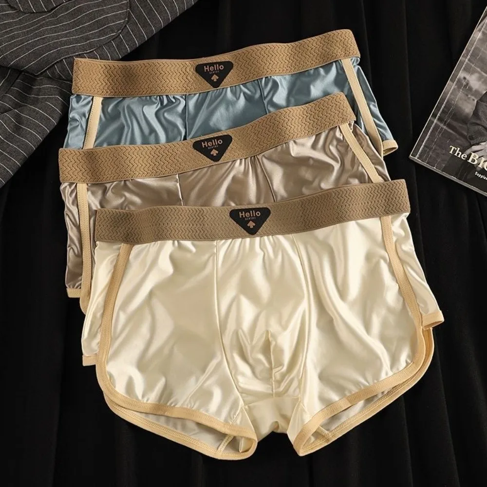 

3Pcs Simple Thin Satin Silk Boxer Briefs Seamless Mid Waist Ice Silk Boxers Solid Color Underpants Underwear for Men Men