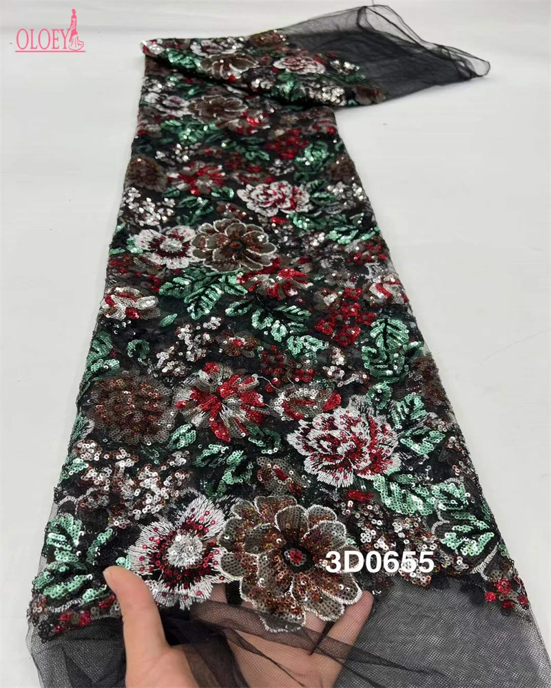 Fashion Elegant French Embroidery Beaded Lace Fabric African Nigerian With Sequins Fabric For Wedding Dress