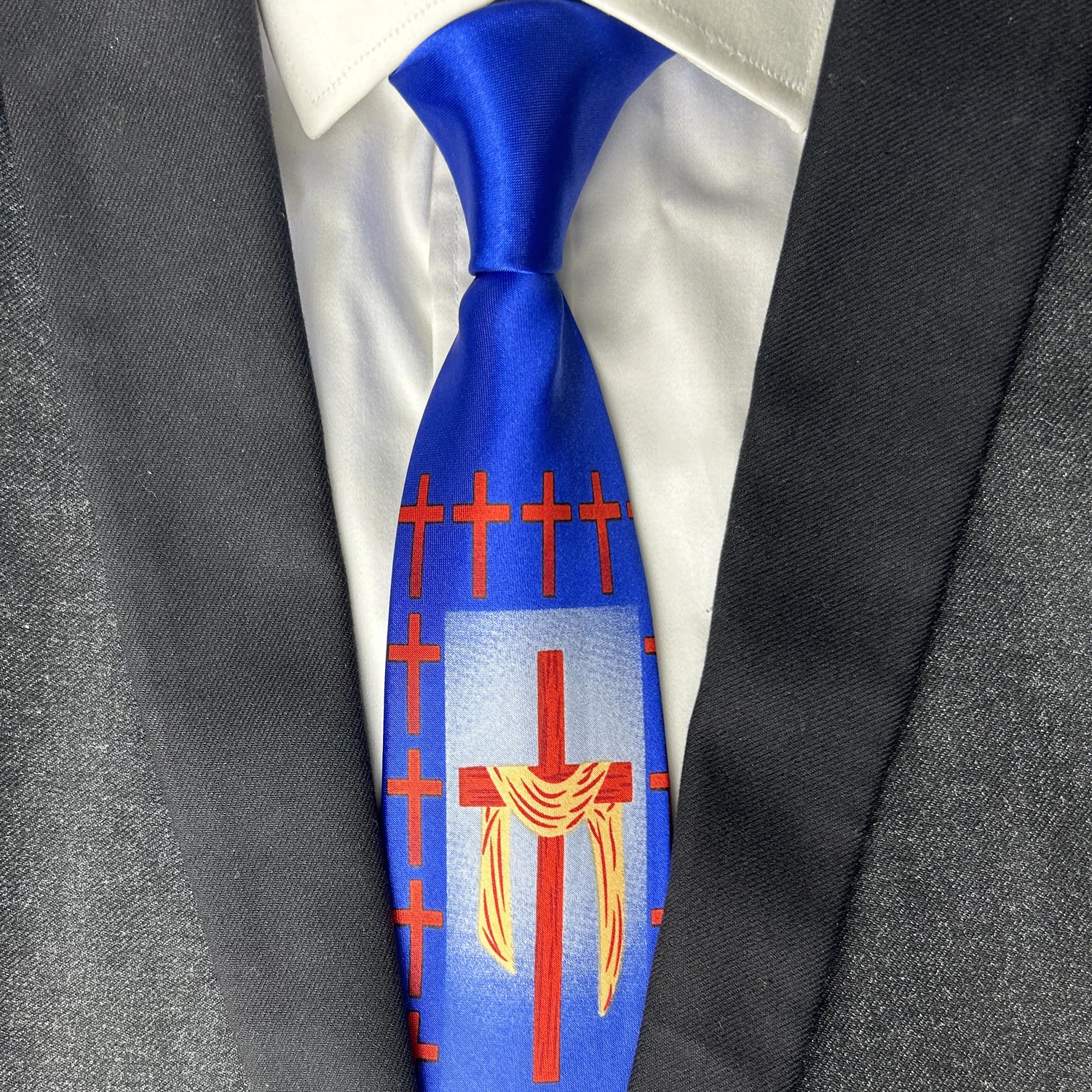 New Design Ties Jesus Church Christian Neckties Royal Blue with Red Cross Printed Neck Ties for Men Thanksgiving Christmas Gift