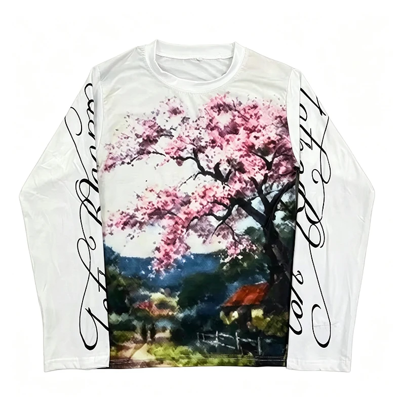 2026 Y2K Women Long‑Sleeve T‑Shirt Cherry Blossom Landscape Oil Painting Print  Slim‑Fit Casual Streetwear Tops